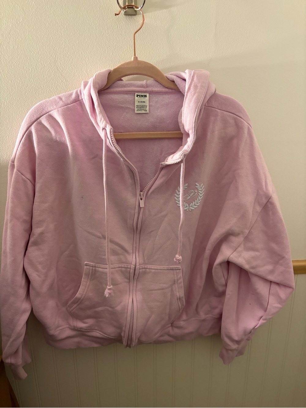 Victoria’s Secret PINK Medium Pale Pink Full Zip Hoodie Embroidered Laurel Crest